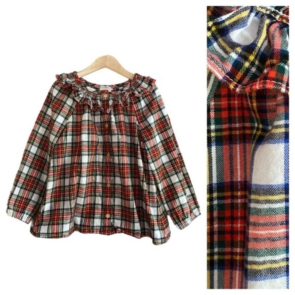 Crewcuts Red Snowy Stewart Holiday Tartan Plaid Ruffle Neck Top 8